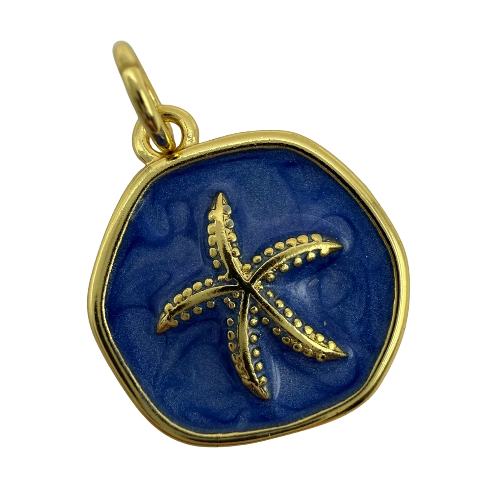 BUY Starfish pendant, navy enamel charm, ocean jewelry for women, starfish medallion. Gold starfish necklace charm, navy blue sea jewelry, beach-inspired medallion pendant, coastal chic jewelry, dainty sea star charm. Mermaidcore aesthetic, summer vacation accessories, nautical luxury, Mediterranean style jewelry.