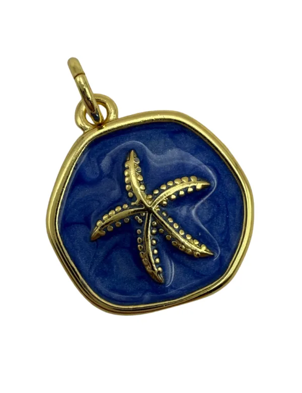 BUY Starfish pendant, navy enamel charm, ocean jewelry for women, starfish medallion. Gold starfish necklace charm, navy blue sea jewelry, beach-inspired medallion pendant, coastal chic jewelry, dainty sea star charm. Mermaidcore aesthetic, summer vacation accessories, nautical luxury, Mediterranean style jewelry.
