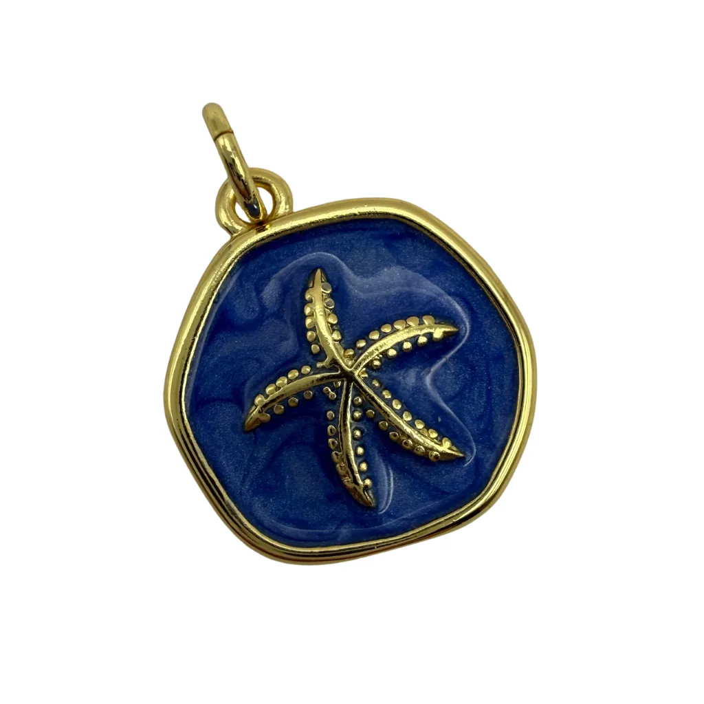 BUY Starfish pendant, navy enamel charm, ocean jewelry for women, starfish medallion. Gold starfish necklace charm, navy blue sea jewelry, beach-inspired medallion pendant, coastal chic jewelry, dainty sea star charm. Mermaidcore aesthetic, summer vacation accessories, nautical luxury, Mediterranean style jewelry.