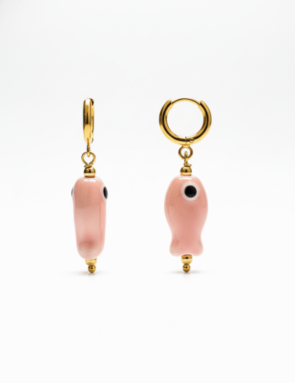 COMPRAR PENDIENTES PEZ ROSA ACERO INOXIDABLE DORADO CERAMICA MUJER MEDITERRANEO