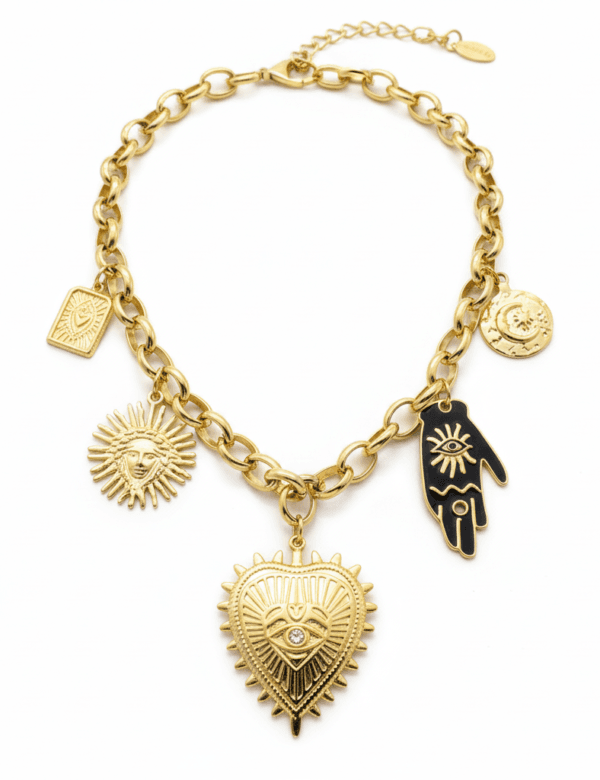 COMPRAR COLLAR DE ACERO INOXIDABLE CON CORAZONES OJO Y MANO DE FÁTIMA