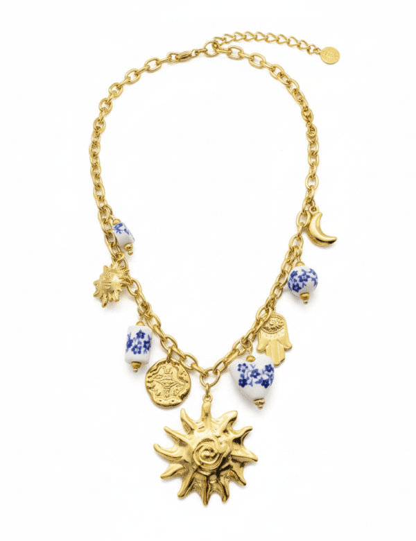 COMPRAR COLLAR DE ACERO INOXIDABLE CON MOSAICOS SOL LUNA MANO DE FÁTIMA