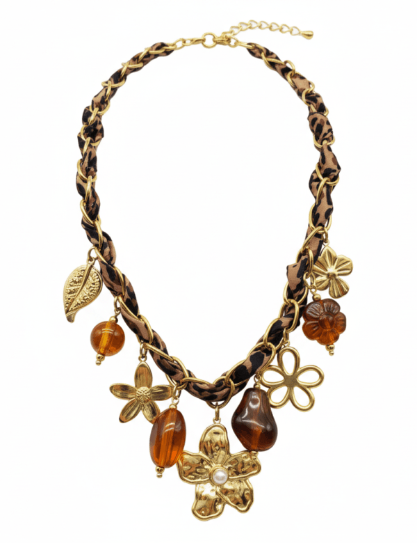 COMPRAR COLLAR DE ACERO INOXIDABLE CON CUERDA DE LEOPARDO CHARMS DE FLORES Y PIEDRAS MARRONES