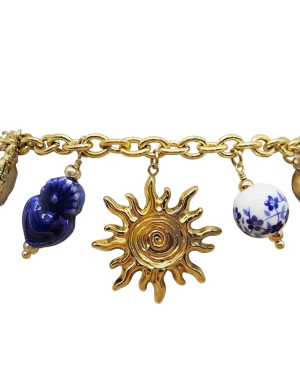 comprar pulsera acero inoxidable charms verano sol ceramica azul blanco dorado