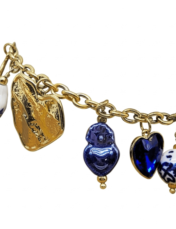 COMPRAR PULSERA ACERO INOXIDABLE RESISTENTE AL AGUA CON CHARMS DE CORAZON Y CHARMS DE CERAMICA BLANCO Y AZUL MEDITERRANEO VERANO MUJER