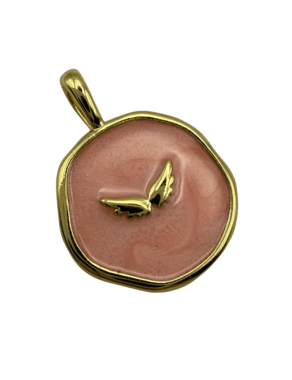 buy Angel wing charm, gold angel pendant, pink enamel jewelry, medallion pendant necklace. Dainty angel wing pendant, gold and pink enamel medallion, celestial jewelry for women, protective angel charm for necklace, pink wax seal style pendant. Symbolic jewelry, celestial chic, gift for daughter, layering medallion pendant, personalized protection charm.