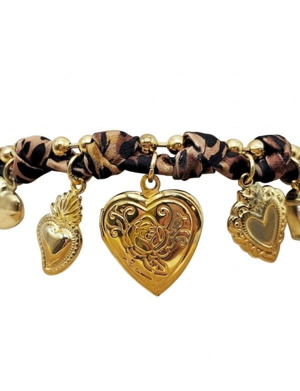 COMPRAR PULSERA TELA LEOPARDO CON NUDOS Y CHARMS DORADOS CORAZON